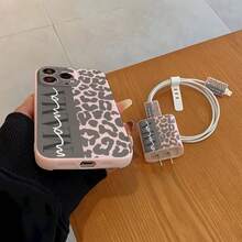 6合1套組：豹紋手機殼 + 充電頭保護套 + 線材保護套 + 收納繩 + 數據線纏繞繩，TPU防震保護殼，適用於 6/7/8/X/XS/XR/11/12/13/14/15/16/17 Pro Max，適合作為生日或聖誕禮物送給女友、女兒、情侶 - 粉色 - 查看 2