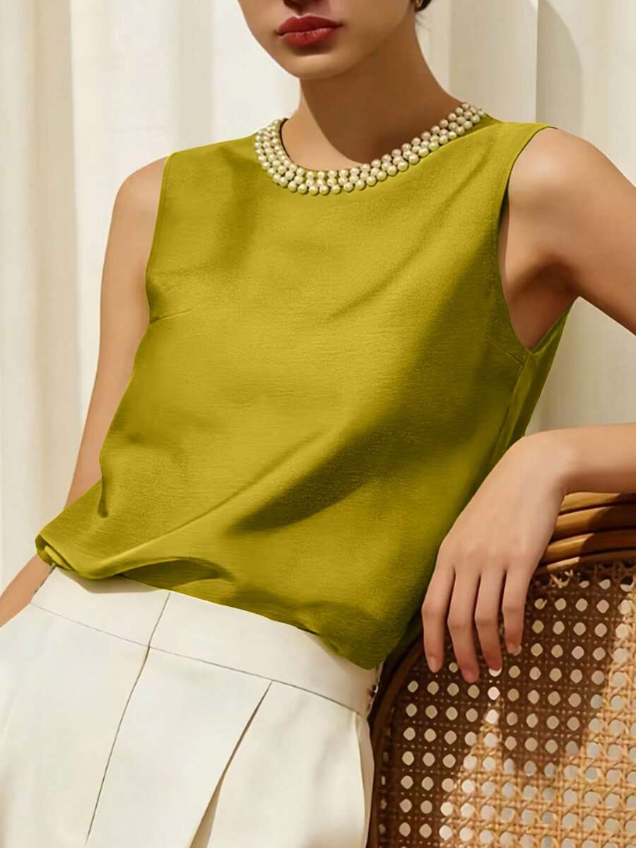 Elegant Women's Satin Sleeveless Round Neck Tank Top, Suitable For Summer Wear Casual - Yellow-green - View 1