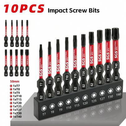 10 件套耐用 Torx 螺丝刀头，带磁性，长度 50 毫米（T7、T8、T9、T10、T15、T20、T25、T27、T30、T40），采用优质 S2 钢材，1/4 英寸柄径，黑色底座。