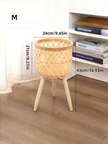 Bamboo-Woven Pot Cover, Wood Legs Plant Stand & Floor Plant Stand, Large Basket For Living Room Plants, Decorative Balcony Shelf For Outdoor - A - View 6