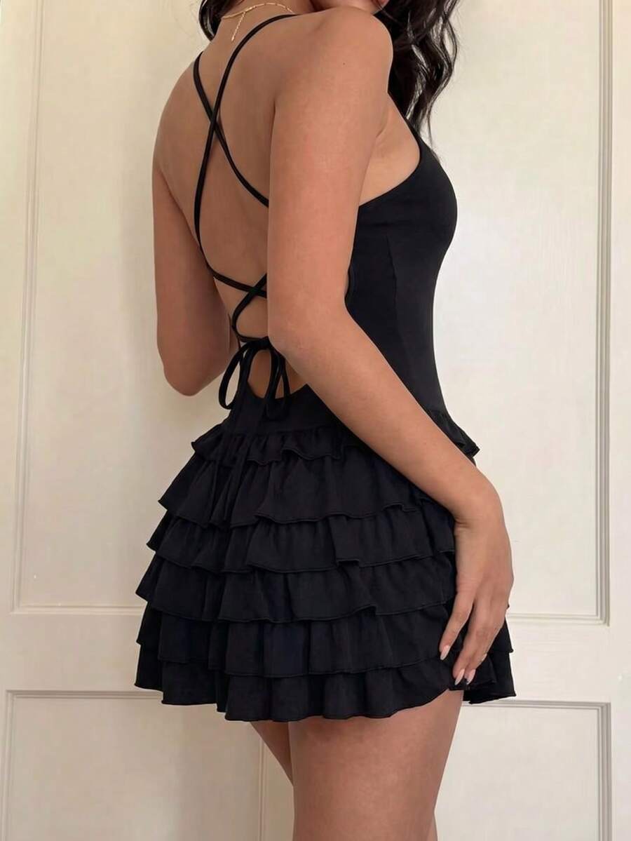 一件式黑色夏季露背女士睡裙 - 黑色 - 查看 1