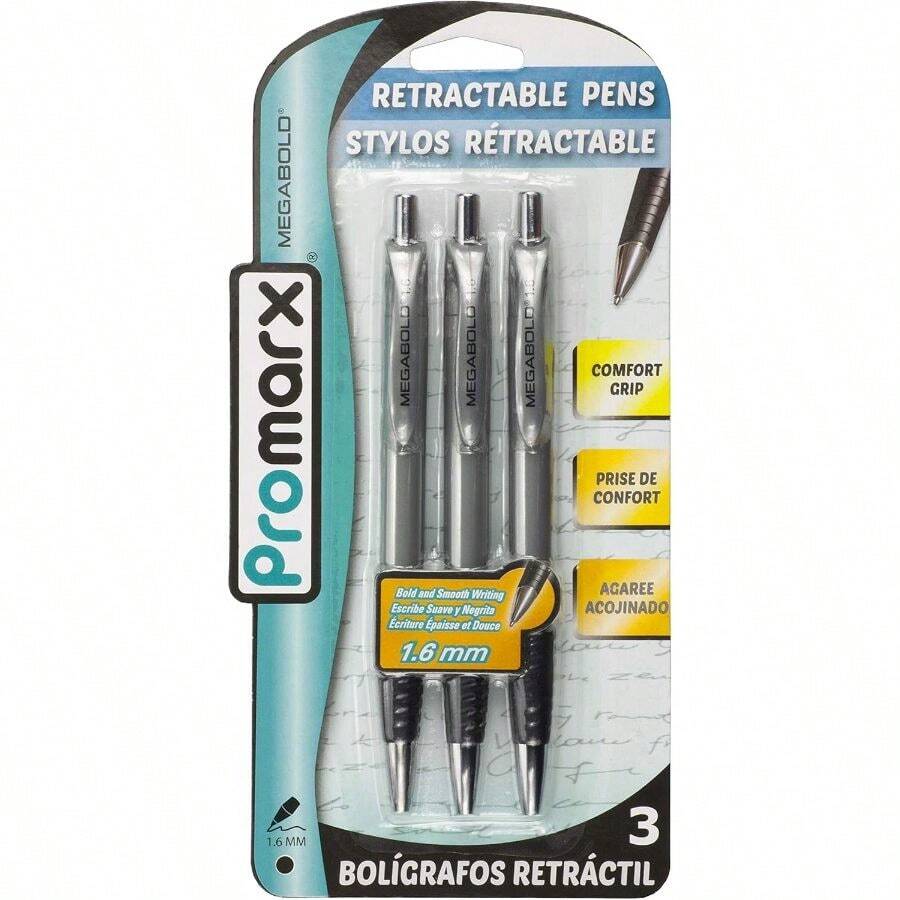 Promarx Megabold Retractable Ballpoint Pens With Comfort Grip, 1.6 Mm, Black, 3 Count - Default - View 1