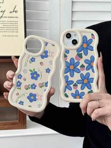 2 chiếc ốp lưng điện thoại silicon mềm chống rơi, họa tiết hoa dâu tây màu xanh dương dễ thương, viền lượn sóng, tương thích với iPhone & Galaxy - trắng - Xem 2