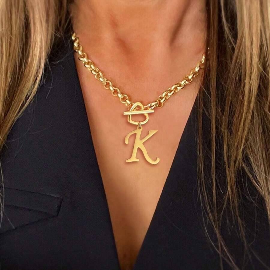 1 buah Kalung Rantai Liontin Huruf Stainless Steel Modis dengan Gesper Berbentuk Hati untuk Wanita, Cocok untuk Pesta - Yellow Gold - View 1