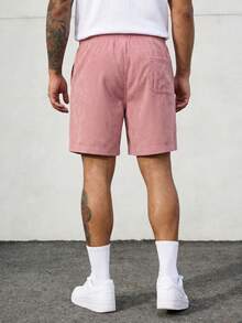 男士复古美式时尚灯芯绒抽绳短裤，男士宽松贴花及膝短裤，休闲街头风及膝短裤 - 粉色 - 查看 2