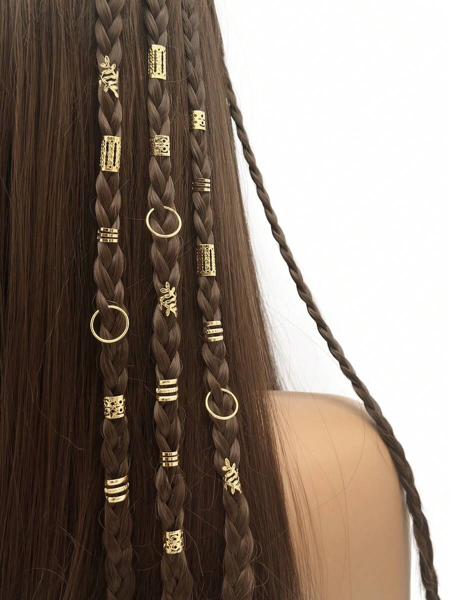 60个金色发圈，适用于辫子，6种款式（叶子形状），可调节发箍，发饰，辫子饰品，发珠装饰，适合女性和女孩，带爪夹