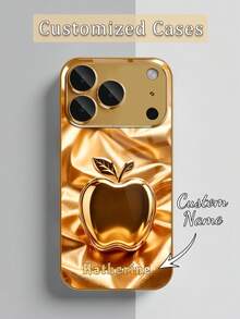 1pc DIY Customized Name Satin Texture 2D Printed Gold Apple Pattern, Tempered Glass Electroplated Gold Edge Full Coverage Phone Case Compatible With Apple 17ProMax/16 Pro Max/15/14 Plus/13 Pro/12 Pro Max/11/XsMax/8/7/6Plus, Fashion, Colorful, Cute, Fun, Minimalist, Matching Phone Accessory - Gold - View 5