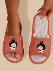 Linen Open-Toe Slippers, Solid Color Cute Fabric Animal Open-Toe Slippers, Non-Slip Breathable Unisex House Slippers For Spring/Autumn - Orange - View 2