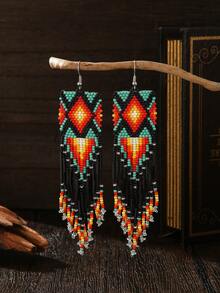 Bông tai đính cườm thủ công, phong cách Bohemian, hàng mới về mùa Xuân/Hè, bông tai tua rua phối màu tương phản với họa tiết hình học bất đối xứng, gam màu retro, đa năng cho hàng ngày, kỳ nghỉ, tiệc tùng, phụ kiện thời trang nữ, món quà lý tưởng cho các dịp lễ, Lễ Tạ ơn, Ngày Valentine, Ngày của Mẹ, tình bạn. - Hoa tai tua rua màu đen - Xem 4