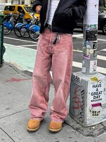 男士休闲水洗阔腿牛仔裤，带口袋和纽扣，适合日常穿着 - 粉色 - 查看 5