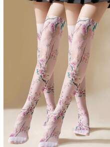 1 đôi / 2 đôi tất dài quá đầu gối in họa tiết hoa đào kiểu Trung Quốc, độ co giãn cao, ôm sát giúp thon gọn chân, kiểu dáng thanh lịch mới của Trung Quốc, thích hợp mặc hàng ngày. - Hồng - Xem 7
