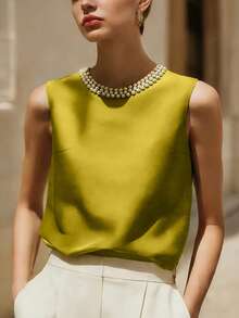 Elegant Women's Satin Sleeveless Round Neck Tank Top, Suitable For Summer Wear Casual - Yellow-green - View 3