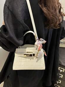 Crocodile Embossed Scarf Decor Flap Cover Tote Bag, Solid Color Embossed Handbag With Fashionable Metal Lock Decor, Mini Shoulder Crossbody Bag For Home, Shopping, Commuting - White - View 5