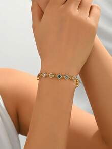 1 pieza Pulsera de mujer de acero inoxidable con flor de cuatro hojas de circonita de colores, chapada en oro de 18K, joyería de moda - Dorado - Ver 5
