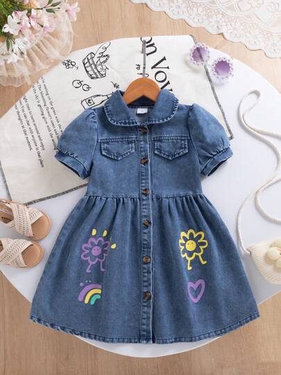 Young Girl Girls' Elegant Fashionable Flare Sleeve Single-Breasted Cap Sleeve Dress With Graffiti Print Hem Decor, Suitable For Daily, Outdoor, Vacation, Commute, School, Street, Resort