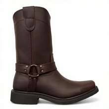 CHOOPER STYLE COWBOY BOOT WITH LEATHER RINGS RODEO MEN'S MOTORCYCLE WITH ANTI-SKID RUBBER SOLE - Chocolate Brown - View 1