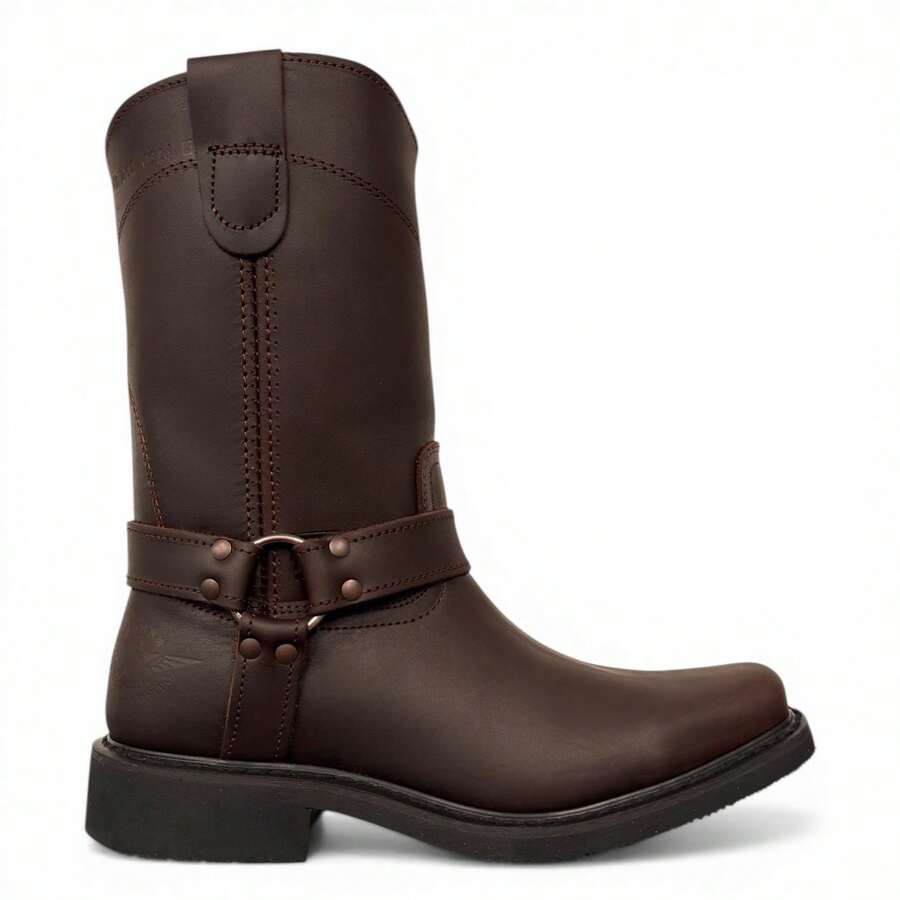 CHOOPER STYLE COWBOY BOOT WITH LEATHER RINGS RODEO MEN'S MOTORCYCLE WITH ANTI-SKID RUBBER SOLE - Chocolate Brown - View 1