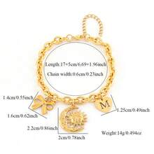 1 chiếc vòng tay thời trang cổ điển hình trái tim, mặt dây chuyền hình nơ, ngôi sao và mặt trăng, dây chuyền thép không gỉ mạ vàng dành cho nữ - Vàng - Xem 2