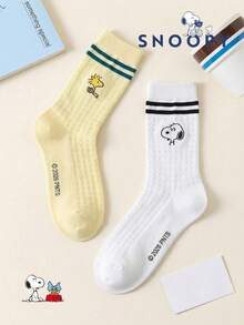 1/2雙 Snoopy 男士網眼襪，黃色與白色條紋透氣網眼中筒襪，黑白可愛運動襪，適合夏季 - 彩色 - 查看 1