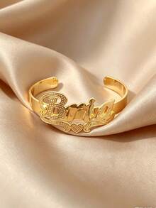 1pc Personalized 3D Name Bangle Cuff - Sterling, Printed Floral Style Bracelet, Personalized Custom Text Jewelry, 18k Gold Stainless Steel Jewelry, Including Exquisite Gift Box, As A Mother's Day Gift,Jewellery For Ladies, Bff Bracelet For 2 - Gold - View 9