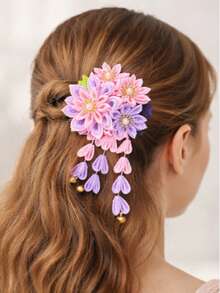 1 pièce Pince à cheveux style japonais avec pompon et fleur, accessoires de cheveux kimono vintage, épingles à cheveux florales en tissu faites à la main avec clochettes pour femmes et filles, ornements de cheveux japonais traditionnels pour cosplay, fête, port quotidien, voyage, anniversaire - Multicolore - Voir 8