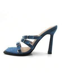 Women's Denim Slip-On Sandals With Buckle Strap - Denim - View 5