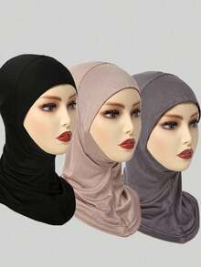 Three Pieces Women's Stylish Solid Color Set, Including An Elastic Chin Cover, A Convenient Hijab Cap, And A Hijab, Suitable For Daily Wear With A Robe. Breathable Lining Women's Veil - A - View 6