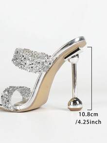 Fashionable & Elegant Women's High Heel Sandals, Double Strap With Sparkling Rhinestone Decor, Minimalist Design Silver Square Toe Stilettos, Summer Party Outdoor & Casual Wear Slip-On Sandals, Valentine's Day Gift - Silver - View 9
