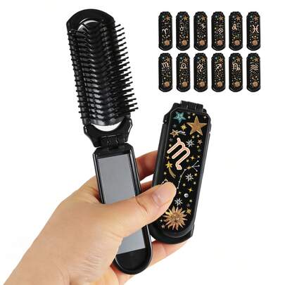 1 chiếc lược gấp 12 cung hoàng đạo, thiết kế gấp gọn với họa tiết sao, phong cách Y2K thiên niên kỷ, lược gương cầm tay nhỏ gọn, thích hợp cho du lịch và trang điểm, dụng cụ làm tóc & trang điểm 2 trong 1, ý tưởng quà tặng tuyệt vời.