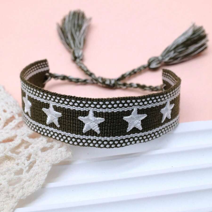 1pc Embroidered Pentagram Handmade Braided Bracelet - Army Green - View 1