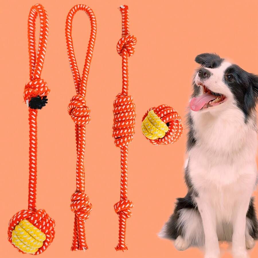 4 pièces Ensemble de jouets durables pour animaux de compagnie, ensemble de jouets pour chiens à cordes multicolores pour les jeux d'intérieur et d'extérieur, le broyage des dents et le divertissement interactif - comprend des jouets pour chiens et une corde - orange - Voir 1