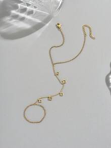 1件简约四叶草吊坠指环手链，时尚花叶四叶草设计手链，优雅不锈钢防水饰品，适合女性约会礼物或日常派对佩戴 - 金色 - 查看 3