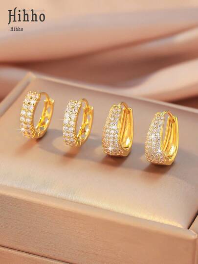 Hihho 4pcs Luxury Colorful Cubic Zirconia Shiny Classic Earring Set, Suitable For Women's Daily Wear, Elegant Gift For Friends On Holidays