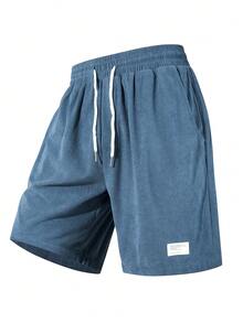 Men's Retro Corduroy Drawstring Shorts, Men's Loose Applique Knee-Length Shorts, Casual High Street Knee-Length Shorts - Navy Blue - View 4