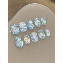 10Pcs Beach Essential Blue Cat Eye Press-On Nails Short Shape– Shimmering Little Fish & Starfish Design, Nails With Ocean Glow Press-On Nails: Blue Cat Eye Shimmer With Starfish & Jellyfish Designs (Xs/S/M/L) Nail Supplies Nails - 淺藍色 - 查看 4
