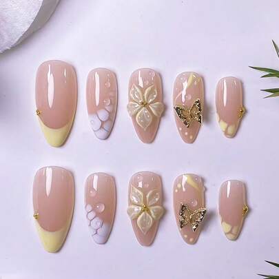 10 Pieces Handmade Almond-Shaped Press-On Nails, Yellow French With White Smudge & Butterfly Design False Nails. Hand-Painted Yellow French Tips With White Smudge Effects, Handcrafted Yellow-Outlined Five-Petal Flower 3D Carvings Decorated With Gold 3D Butterfly Ornaments. Elegant, Romantic And Minimalist Press-On Nails, Luxurious, Sexy And Light-Luxury Nail Patches. Suitable For Daily Wear, Dates, Concerts And Business Casual Occasions. An Ideal Gift For Women And Girls.