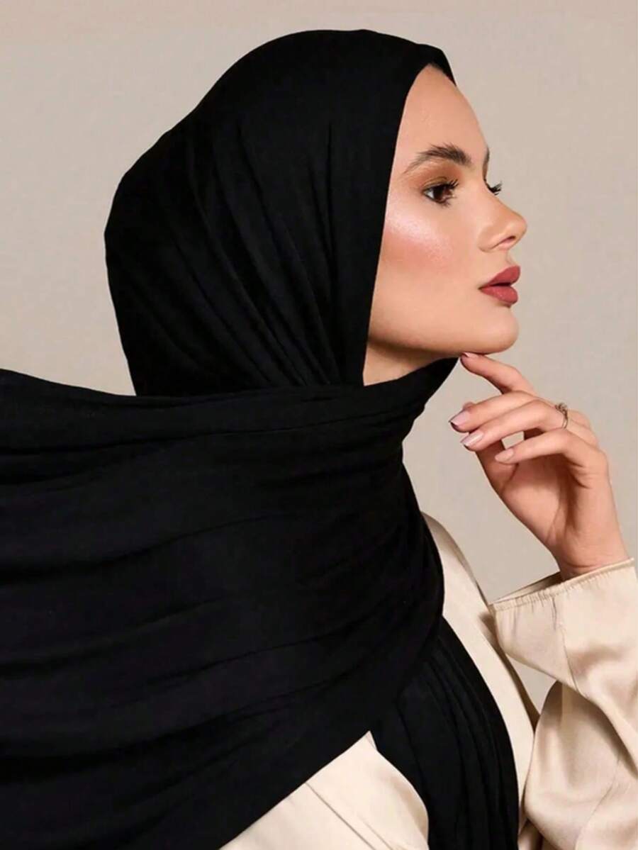 1pc Ladies" New Large Size Solid Color Abaya Accessories Casual Hijab Soft Headscarf Breathable Headband Classic Turban Veiled Clothes - 黑色 - 查看 1