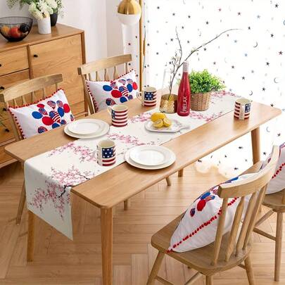 1Pc Linen All-Season Small Table Runner With Vintage Cherry Blossoms, Perfect For Indoor & Outdoor Kitchen, Dining Table And Home Party Decoration
