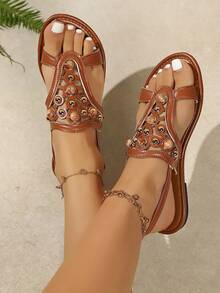New Arrival Women's Flat Sandals, Beach PU Leather Rhinestone Buckle Hollow-Out Flat Sandals, Summer Beach Holiday - Brown - View 3