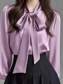 Camisa casual de manga larga de satén blanco elegante para mujer, blusa versátil para ir al trabajo con detalle de cuello con lazo - unicolor apto para todas las estaciones, lavable a máquina, no transparente, tela suave y transpirable, textura de satén refinada, corbata de unicolor para la oficina y uso diario en primavera - Púrpura malva - Ver 1