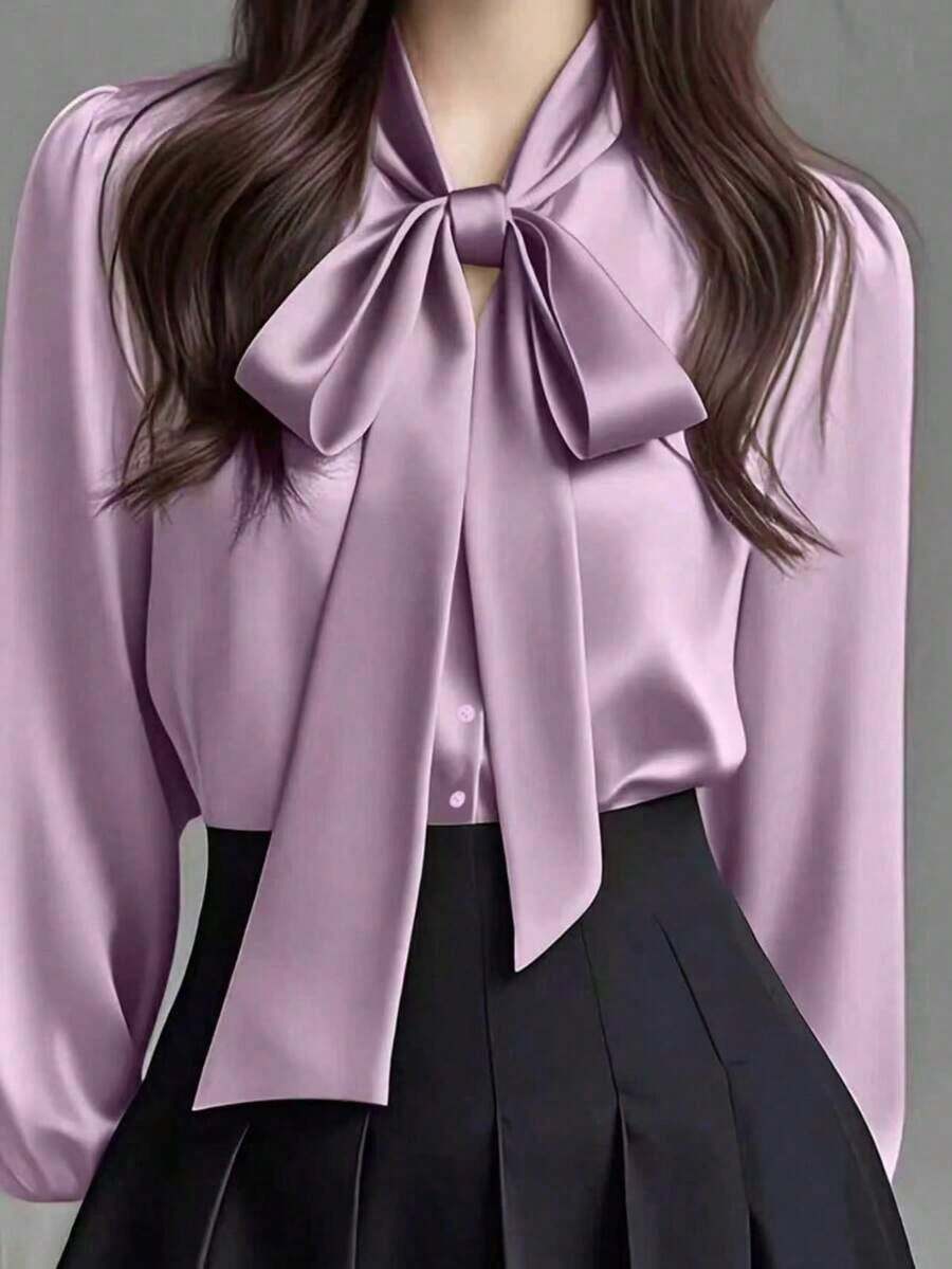 Camisa casual de manga larga de satén blanco elegante para mujer, blusa versátil para ir al trabajo con detalle de cuello con lazo - unicolor apto para todas las estaciones, lavable a máquina, no transparente, tela suave y transpirable, textura de satén refinada, corbata de unicolor para la oficina y uso diario en primavera - Púrpura malva - Ver 1