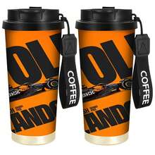 1 pieza Taza de café aislada de acero inoxidable de 530ml con tapa a prueba de fugas y correa para el hombro, diseño de coche de carreras F1, naranja brillante y negro, taza reutilizable para café/té/batidos, regalo perfecto para entusiastas de las motocicletas, opción de regalo de Navidad, botella de agua portátil para deportes al aire libre - Multicolor - Ver 4
