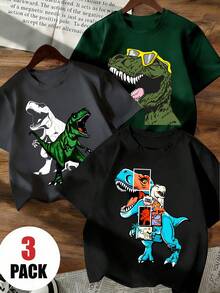 3pcs/Set Casual Street Style Dinosaur Graphic Print Sports T-Shirts, Suitable For Boys Streetwear, Ideal For Spring/Summer Activewear - Multicolor - View 3