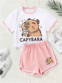2pcs/Set Girls Capybara Pattern Outfit, Cute Bubble Tea Print Top With Pink Shorts, Soft Comfortable Cute Summer Girls Clothing - Pink - View 2