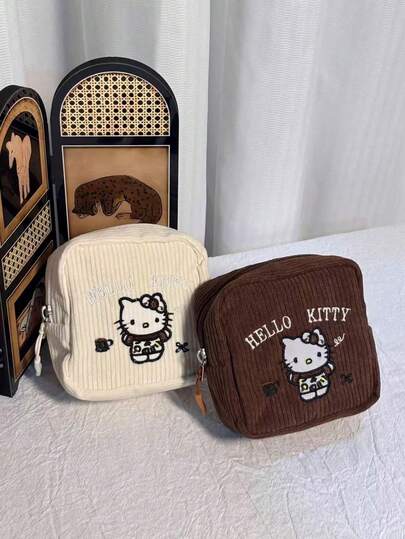 SANRIO Hello Kitty图案黑色网眼化妆包，甜美风格便携大容量化妆包，女士涤纶旅行洗漱包，日常旅行必备，日常化妆品收纳包，拉链封口。开学季必备。