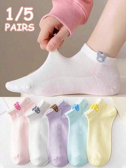 1/5 Pairs Women's Thin Ankle Socks, Boat Socks, Cute & Fashionable Short Socks, Suitable For Spring, Summer, Autumn, Student Fashion Socks, Breathable Bear Boat Socks, Pastel Macaron Color Shallow Mouth Short Socks, Cute Girl Invisible Socks For Daily Wear, Soft Fabric