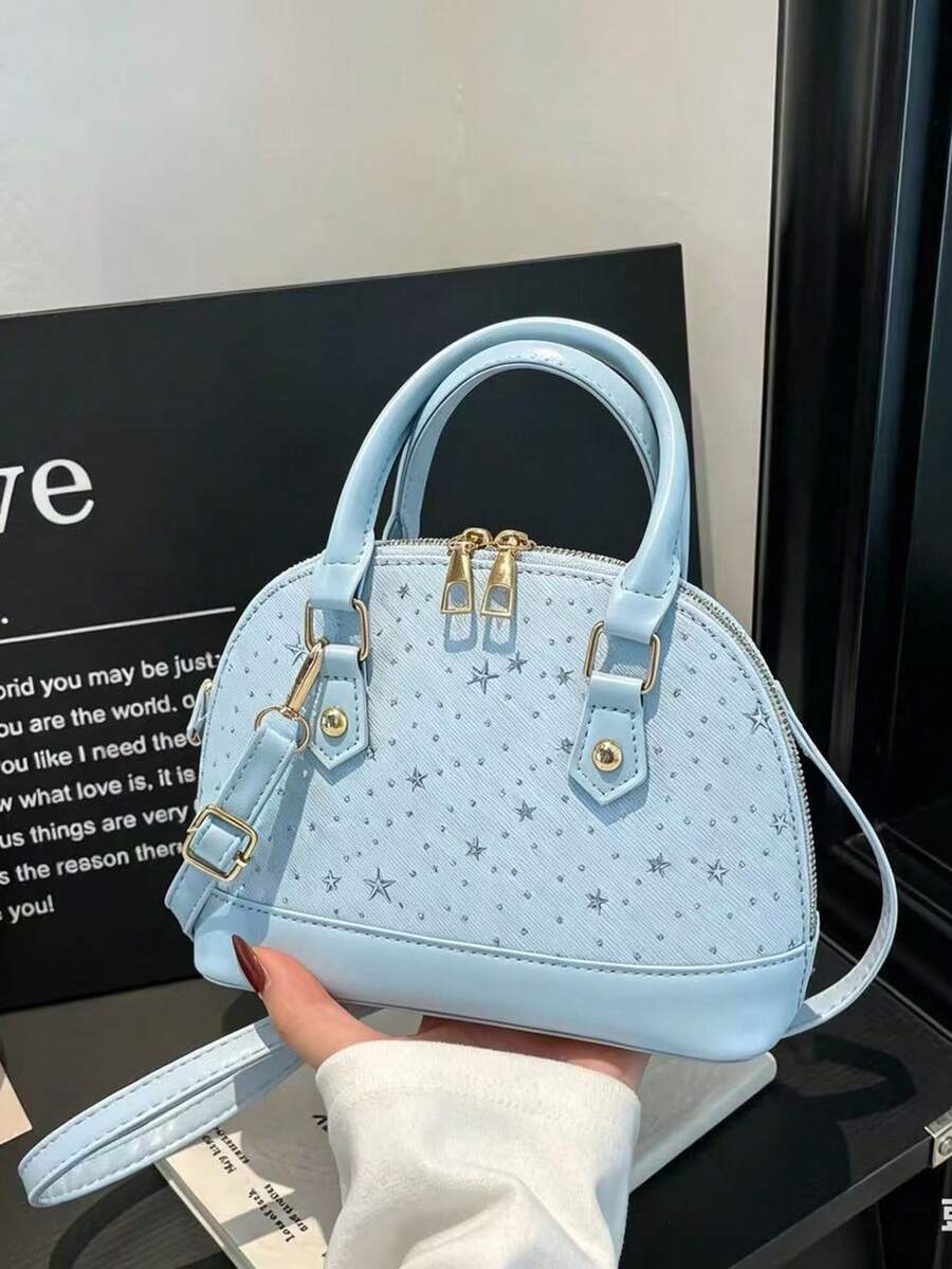 Quilted Double Handle Round Top Bag, Minimalist Design Zipper Shoulder Bag, Patchwork Star Embroidery Crossbody Bag, Portable Top Handle Tote - Baby Blue - View 1