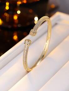 1pc Sparkling Elegant Fully Paved Zirconia Double Nail Clasp Bracelet For Women, Recommended For Daily Wear And Stylish Outfits - Bracelet - View 3