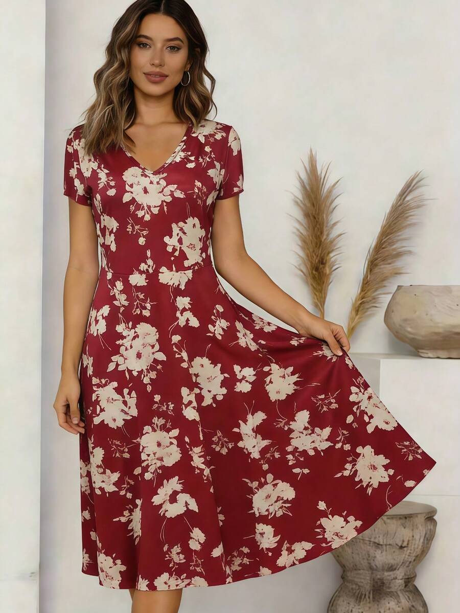 Vestido bohemio con estampado floral nuevo para mujeres 2026, adecuado para uso casual, vacaciones, playa, fiesta, primavera/verano/otoño - Rojo - Ver 1