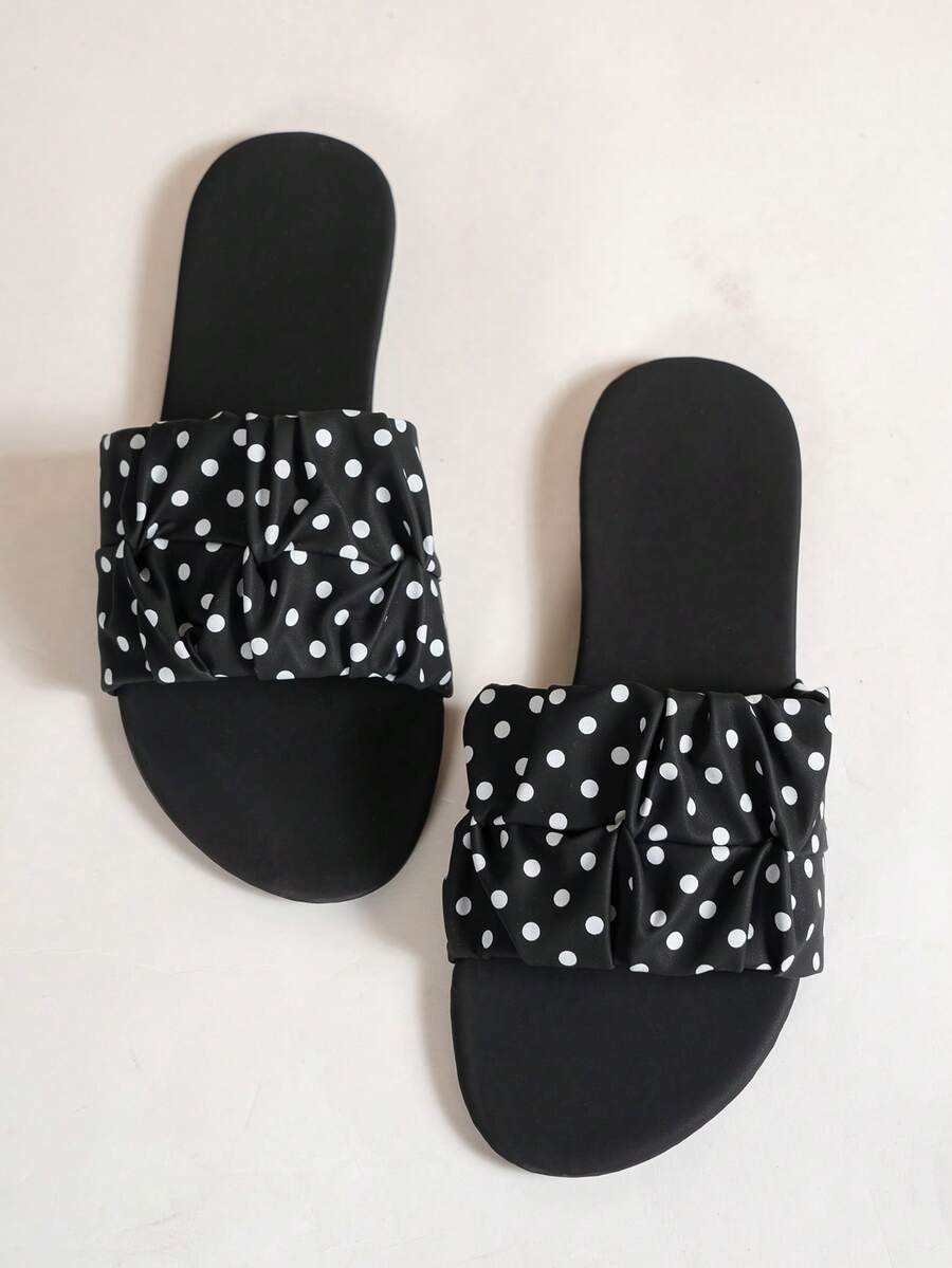 优雅女士平底凉鞋，圆头黑色蝴蝶结派对鞋，百搭时尚连衣裙，休闲户外沙滩拖鞋，露趾凉拖 - 黑色 - 查看 1